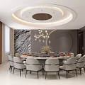 Elegant Private Dining Room Featuring Round Table Gray Chairs Circular Light Ceiling And Stone Backdrop