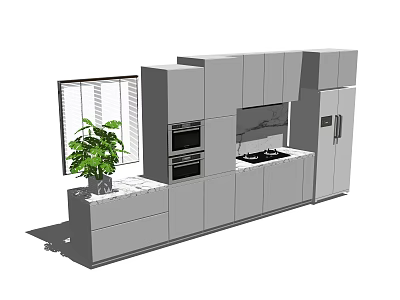Stylish Modern Kitchen Interior Featuring Cabinets Oven Cooktop Plant And Window 3d model