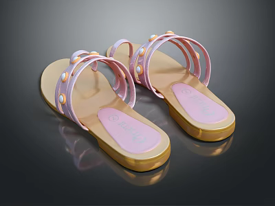 Elegant Pink Strap Sandals With Pearl Decorations And Golden Soles For Women 3d model