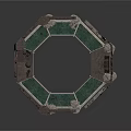Ruined Octagonal Building Structure With Broken Walls Windows And Green Floor