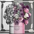 Luxury Ornament Decoration Set with Pink Vase Purple White Roses Green Leaves in Decorative Frame