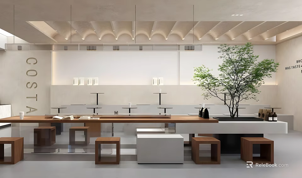 Modern Bubble Tea Shop Interior With Long Wooden Table Stools And Green Plant Decoration 3d model 