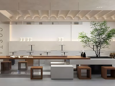 Modern Bubble Tea Shop Interior With Long Wooden Table Stools And Green Plant Decoration 3d model