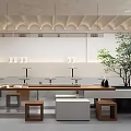 Modern Bubble Tea Shop Interior With Long Wooden Table Stools And Green Plant Decoration