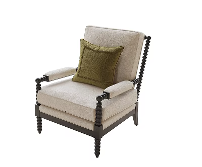 Elegant Beige Accent Chair with Dark Wood Frame Black Spiral Legs and Olive Green Pillow 3d model