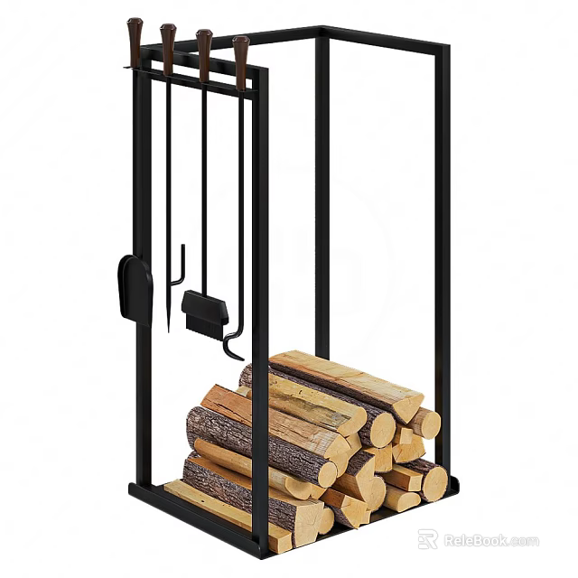 Stylish Black Metal Fireplace Tools Stand With Stacked Firewood Storage 3d model 