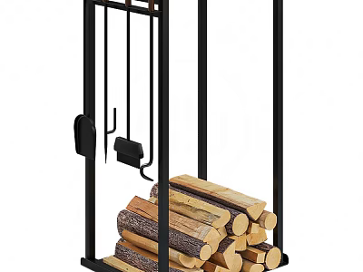 Stylish Black Metal Fireplace Tools Stand With Stacked Firewood Storage 3d model