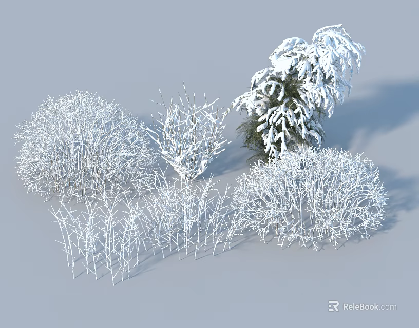 Snow Covered Trees With Different Shapes Sizes And Bushes In Winter Scene 3d model 