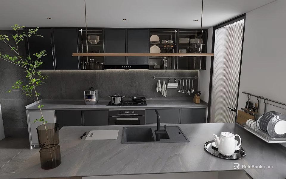Modern Kitchen Interior With Dark Cabinets Gray Countertop Hanging Pendant Lights And Green Plant 3d model 