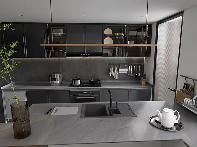Modern Kitchen Interior With Dark Cabinets Gray Countertop Hanging Pendant Lights And Green Plant 3d model