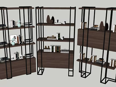 Modern Bookcases With Wooden Shelves And Black Metal Frames Displaying Books And Decorative Items 3d model