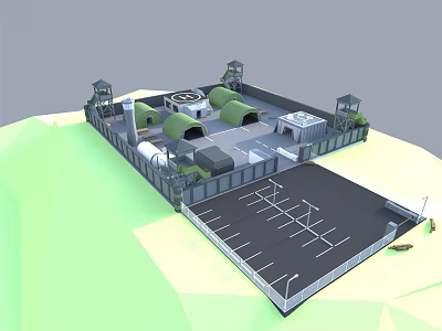 3D Model Of Industrial Facility Featuring Parking Area Fence Towers And Green Structures 3d model