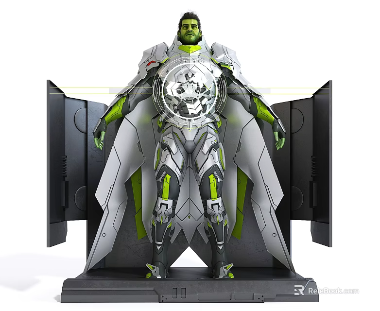 Green Skinned Armored Sci Fi Figure With Mechanical Wings And Circular Chest Device 3d model