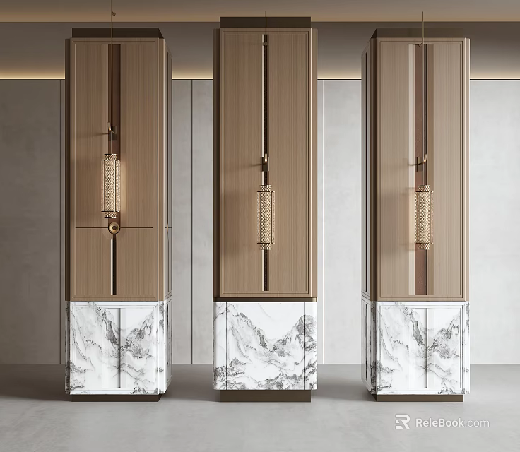 Three Modern Decorative Pillars With Wooden Upper And Marble Lower Bases 3d model 