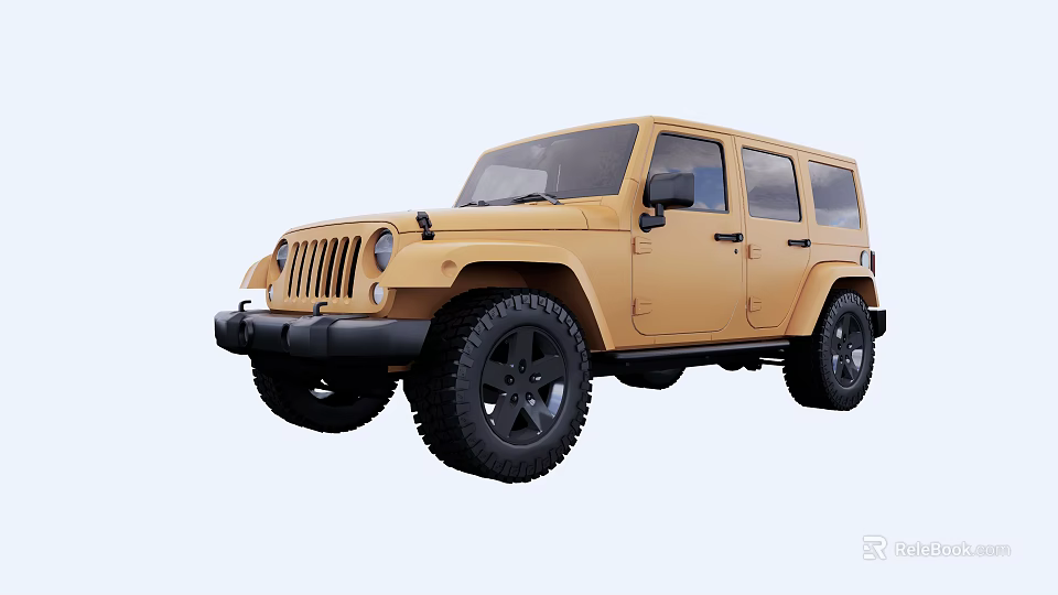 Yellow Jeep Four Door SUV With Black Off Road Tires And Rugged Design 3d model 