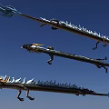 Mythical Flying Dragons Soaring in Sunset Sky With Blue Tails and Spiked Bodies