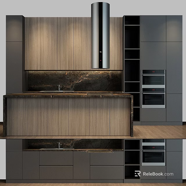 Modern Kitchen Design With Wooden Cabinets Marble Countertop And Built in Ovens 3d model 