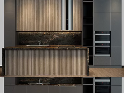Modern Kitchen Design With Wooden Cabinets Marble Countertop And Built in Ovens 3d model