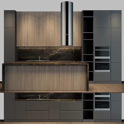 Modern Kitchen Design With Wooden Cabinets Marble Countertop And Built in Ovens 3d model