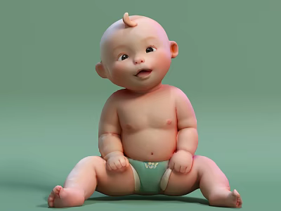 Cute Smiling Baby Sitting On Green Background With Green Diaper And Small Topknot 3d model