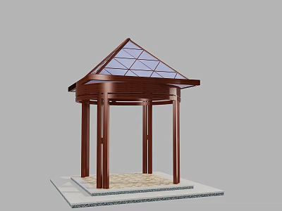 Outdoor Wooden Gazebo With Triangular Glass Skylight Roof And Stone Tile Base 3d model