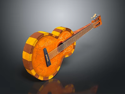 Ornate Acoustic Guitar With Striped Orange Yellow Finish And Intricate Carved Patterns 3d model