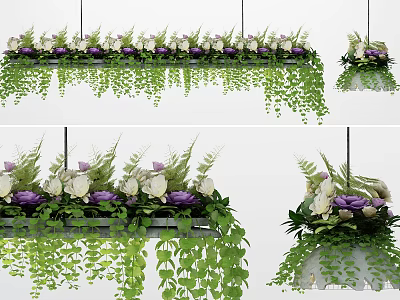 Unique Irregular Pendant Light Decorated With Purple White Flowers And Hanging Green Vines 3d model
