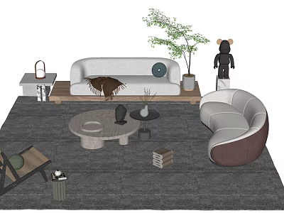 Modern Light Gray Sofa and Round Coffee Table Set With Throw Blanket and Potted Plant 3d model