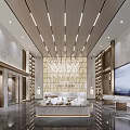 Modern Property Sales Office Interior With Elegant Chandelier Marble Walls And Model Display Area