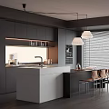 Modern Restaurant Kitchen With Dark Cabinets White Island Pendant Lights Bar Stools And Window Blinds