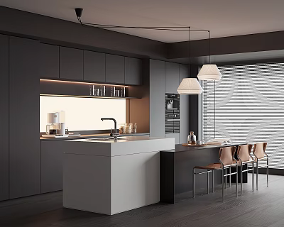 Modern Restaurant Kitchen With Dark Cabinets White Island Pendant Lights Bar Stools And Window Blinds 3d model