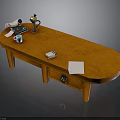 Wooden Oval Coffee Table with Scroll Teapot Blue Cup Books White Paper and Drawer