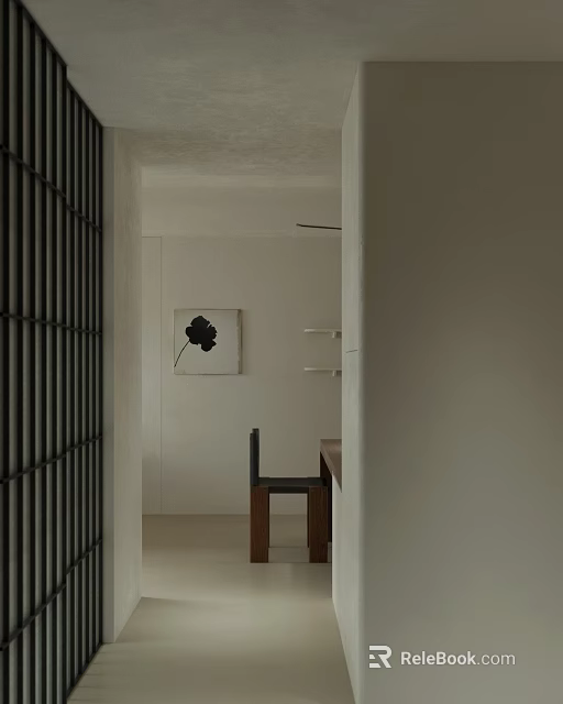Minimalist Entryway Hallway With White Walls Decorative Art And Wooden Bench 3d model 