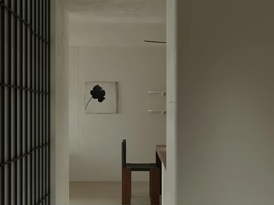 Minimalist Entryway Hallway With White Walls Decorative Art And Wooden Bench 3d model