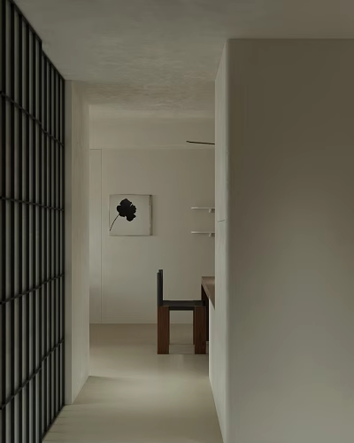 Minimalist Entryway Hallway With White Walls Decorative Art And Wooden Bench 3d model