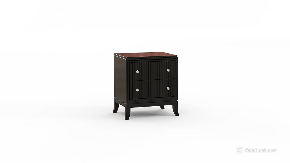 Classic Black Wooden Bedside Table With Two Drawers And Round Metal Knobs 3d model 
