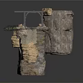 Natural Rock Structure With Metal Bracket Textured Layers And Mossy Accent