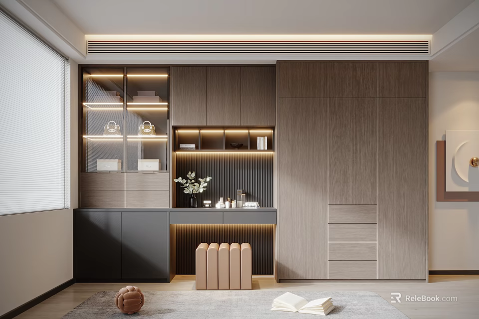 Modern Wooden Wardrobe Interior With Glass Doors LED Lighting And Open Storage Shelves 3d model 
