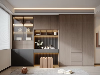 Modern Wooden Wardrobe Interior With Glass Doors LED Lighting And Open Storage Shelves 3d model