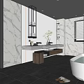 Modern Bathroom Interior Design With Marble Walls Freestanding Bathtub Vanity And Large Mirror