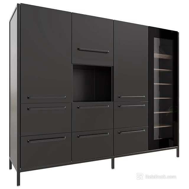 Modern Black Kitchen Cabinets With Multiple Drawers And Glass Door Design 3d model 