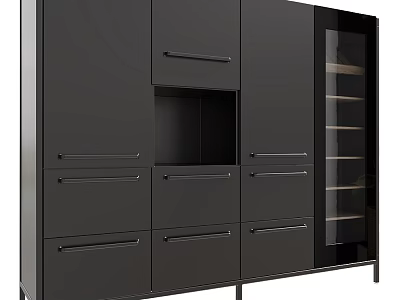 Modern Black Kitchen Cabinets With Multiple Drawers And Glass Door Design 3d model