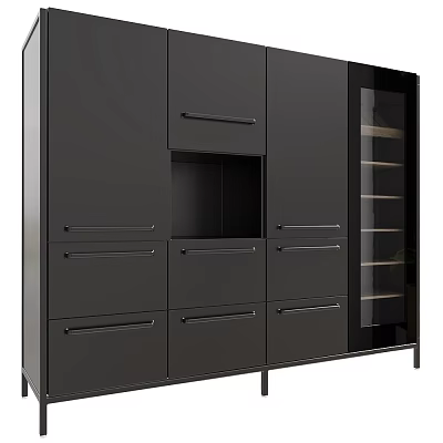 Modern Black Kitchen Cabinets With Multiple Drawers And Glass Door Design 3d model