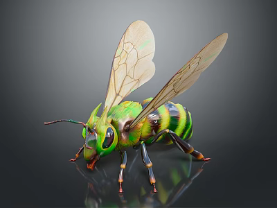 Green and yellow striped bee with transparent wings on black background and reflective surface 3d model