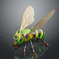 Green and yellow striped bee with transparent wings on black background and reflective surface