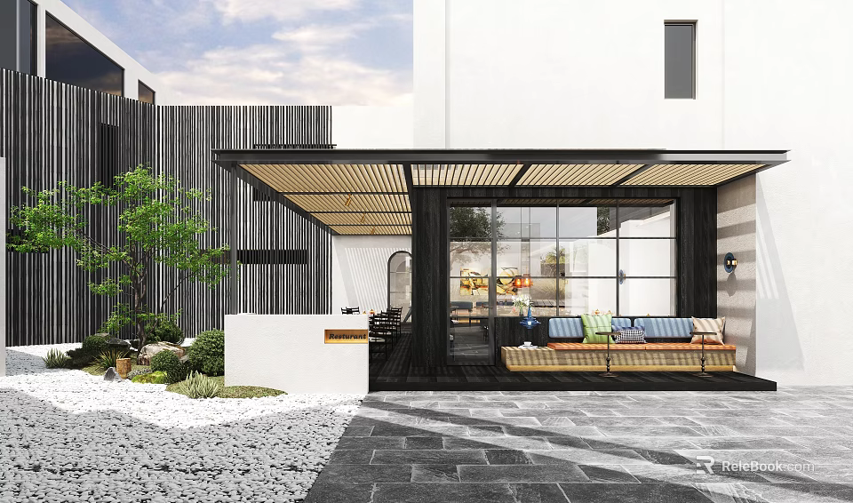 Modern Garden Decor Pieces in Courtyard with Wooden Pergola Greenery Gravel and Cushioned Bench 3d model 