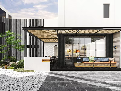 Modern Garden Decor Pieces in Courtyard with Wooden Pergola Greenery Gravel and Cushioned Bench 3d model