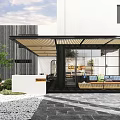 Modern Garden Decor Pieces in Courtyard with Wooden Pergola Greenery Gravel and Cushioned Bench