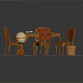 Traditional Wooden Dining Table With Carved Chairs Colorful Patterned Rug And Small Side Table