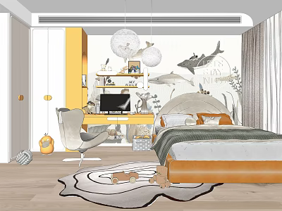 Yellow Kids Room Interior With Globe Pendant Lights Shark Murals Bed Desk Chair And Rug 3d model